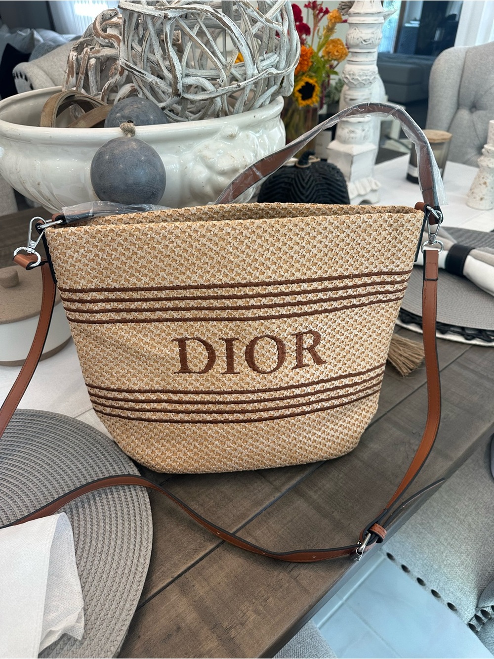 Straw beach bag tote handbag purse with long strap! NEW!